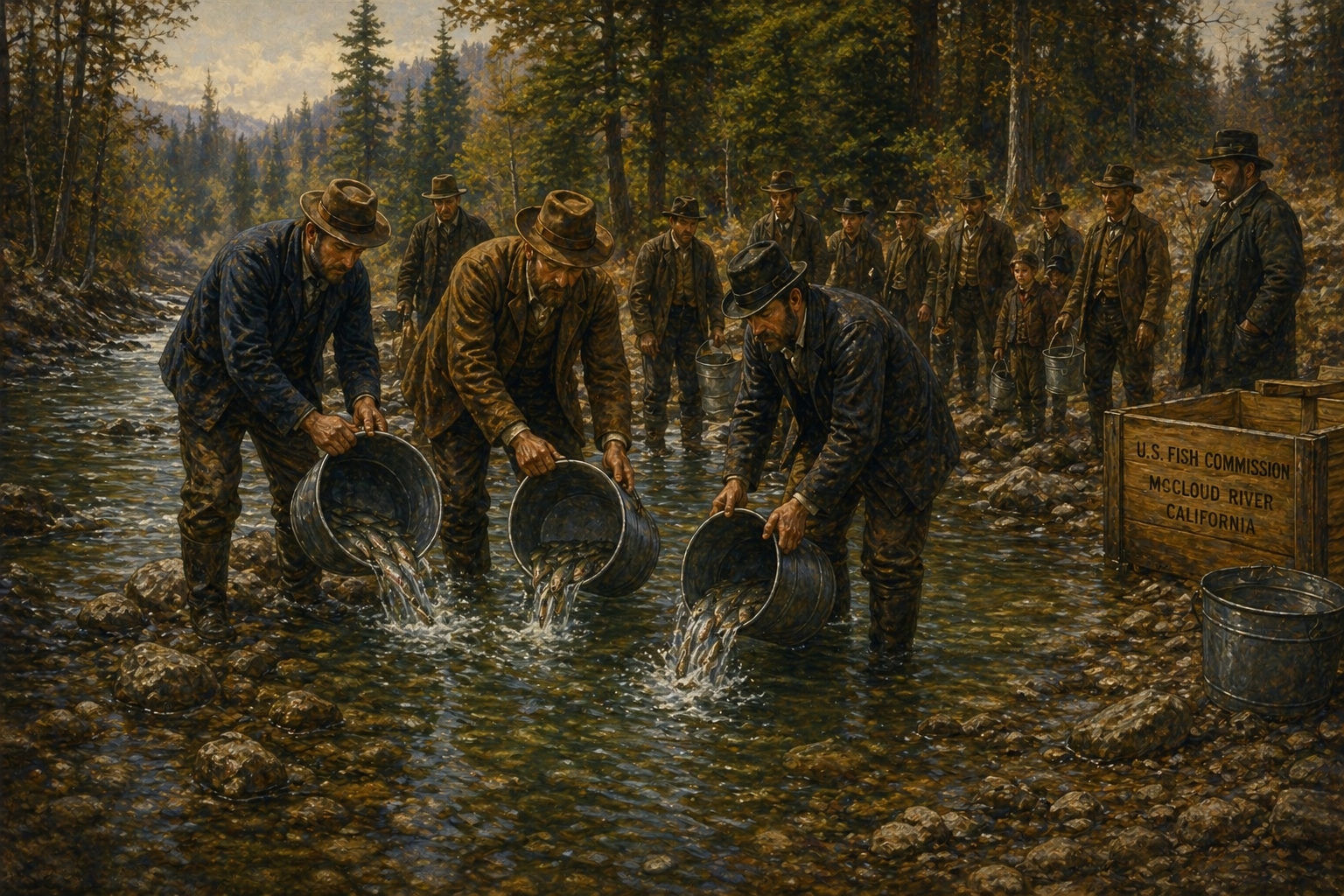U.S. Fish Commission workers releasing fish into a creek