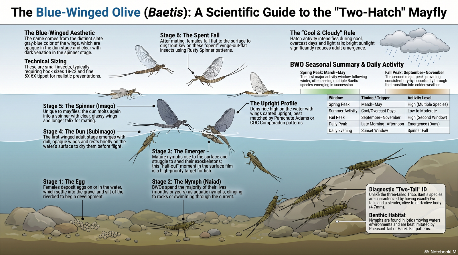 Stage-by-stage Blue-Winged Olive (Baetis) mayfly life cycle: egg, nymph, emerger, dun (sub-imago), spinner (imago), and spent fall. Includes the spring March-May + fall September-November two-hatch pattern and angler tackle notes (sizes 18-22, 5X-6X tippet).