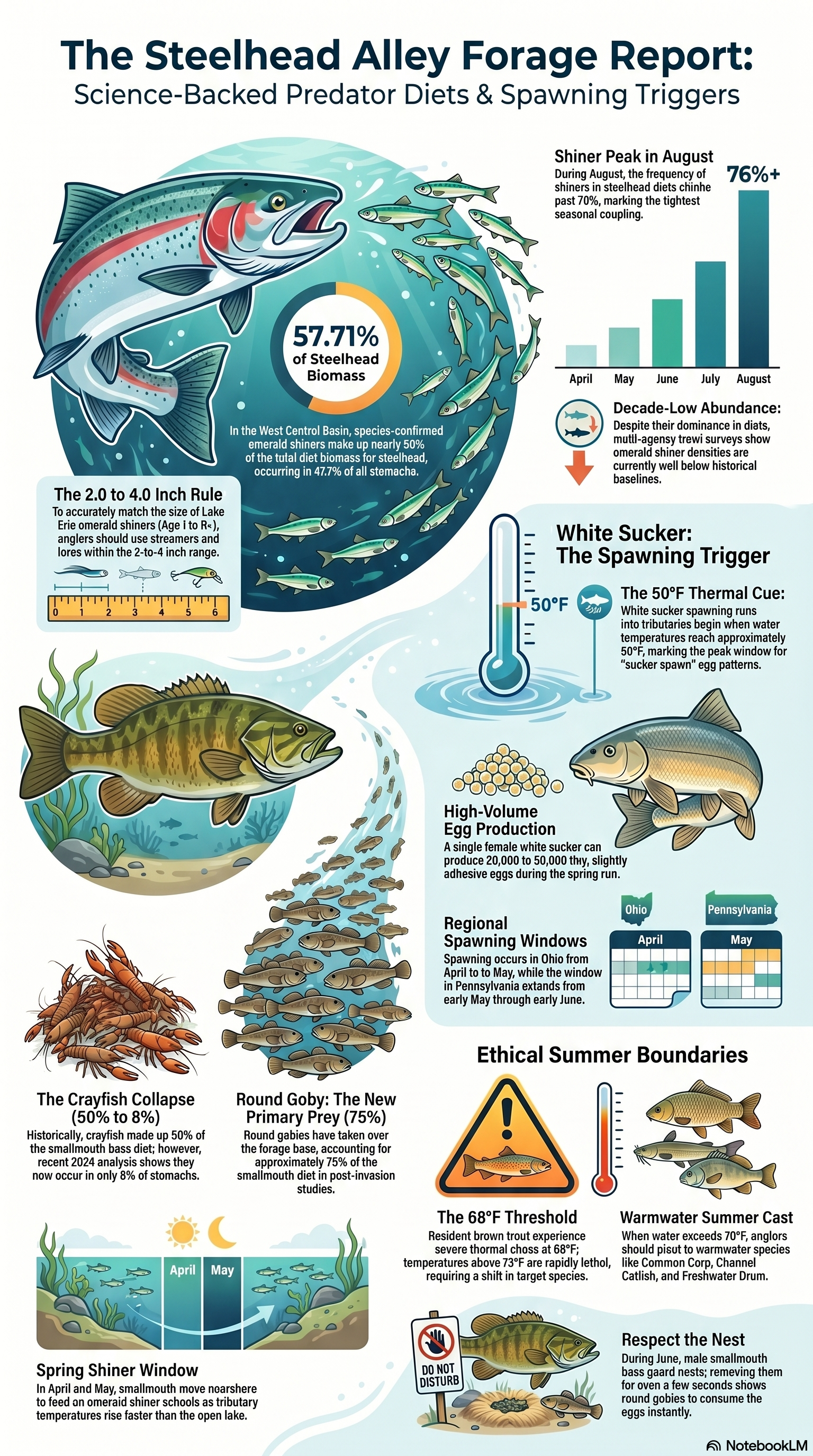 Multi-panel infographic showing Steelhead Alley forage biology: emerald shiner abundance, white sucker spawning at 50F, round goby invasion impact on smallmouth diet, and ethical summer angling boundaries.
