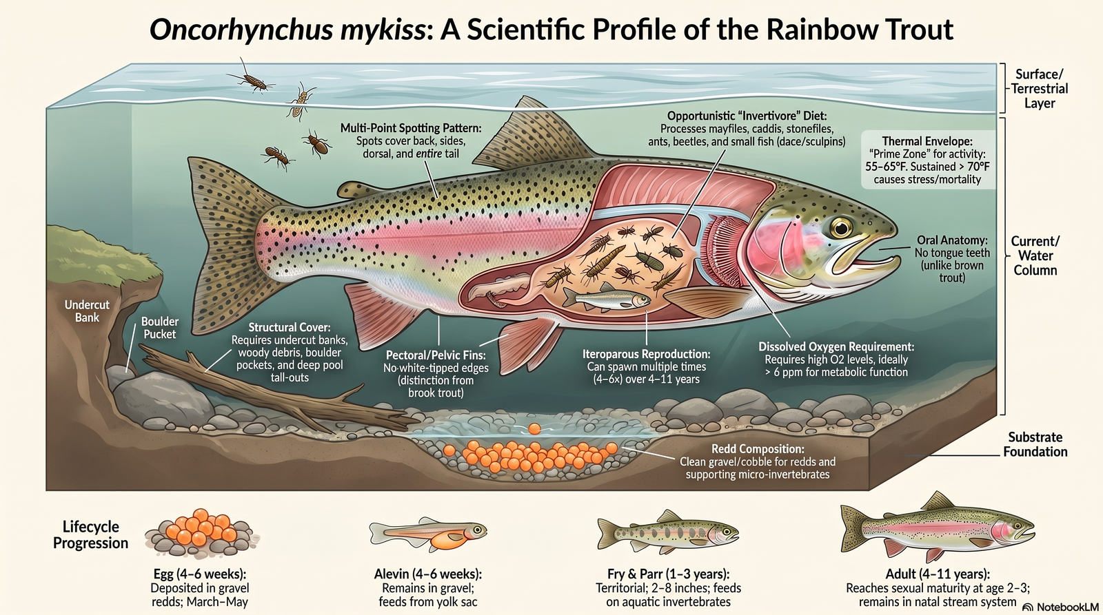 Side-cutaway rainbow trout illustration with callouts for multi-point spotting, opportunistic invertivore diet, thermal envelope 55-65F prime zone, structural cover requirements (undercut banks, boulder pockets), high O2 requirement, and the iteroparous reproduction with redd composition.