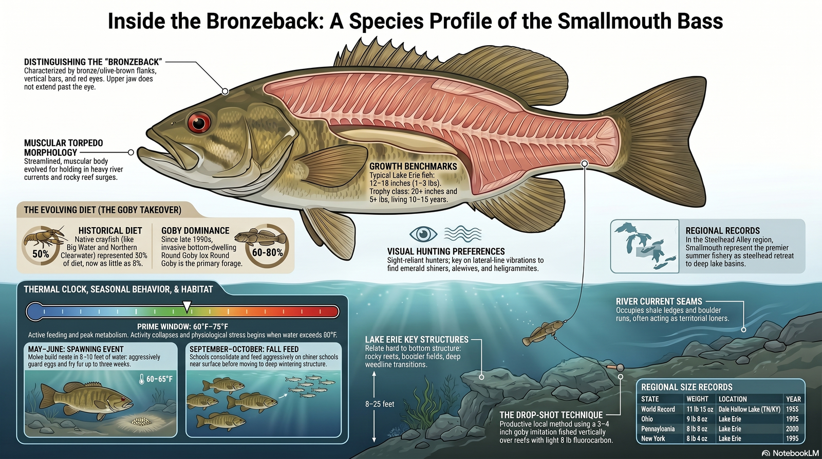 Side-cutaway anatomical illustration of a smallmouth bass with callouts for the bronzeback color pattern, muscular torpedo morphology, sight-hunting preferences, the historical shift from crayfish to goby diet, growth benchmarks, and seasonal habitat (riffles + ledges).