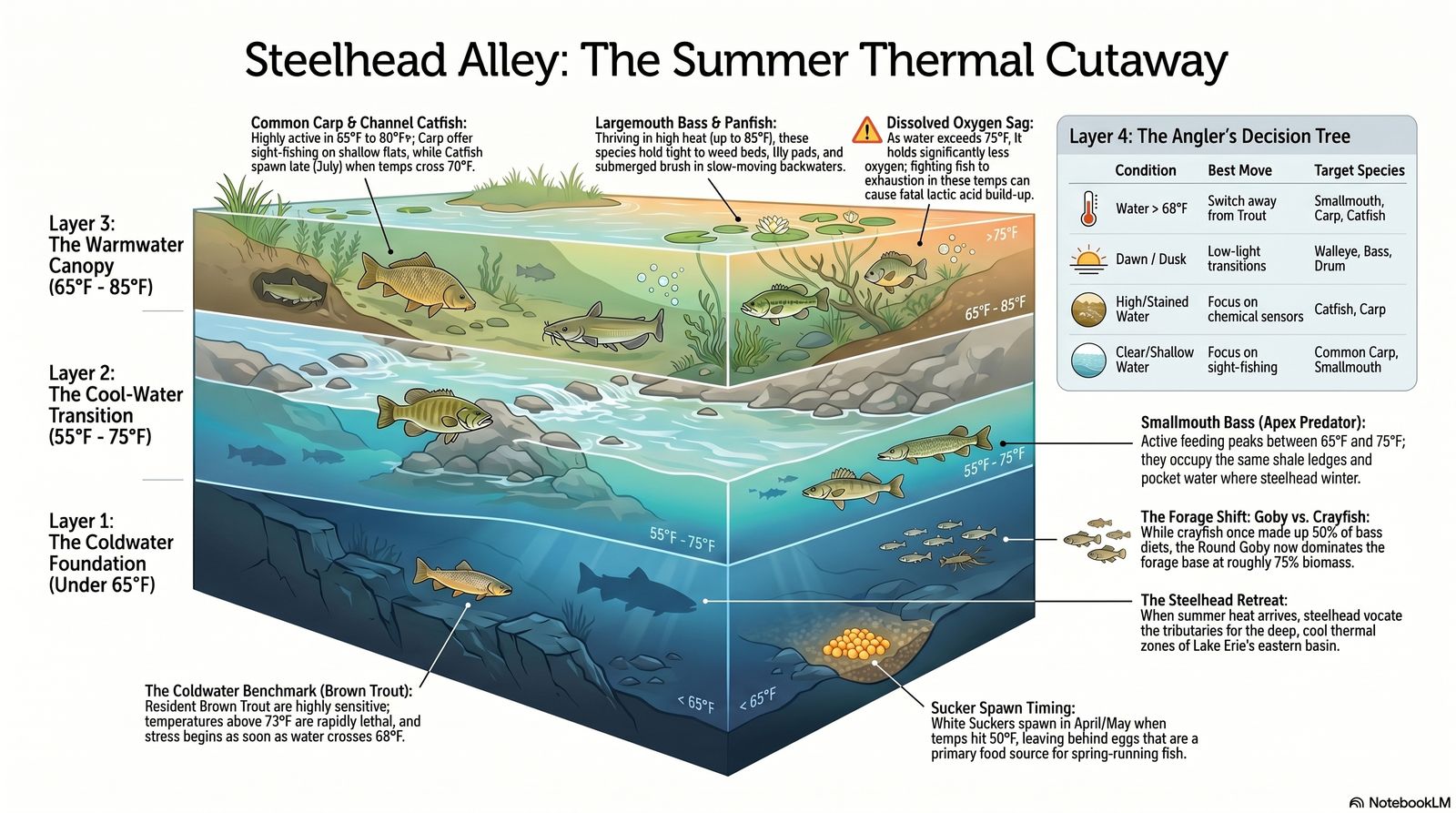Cutaway illustration of a Steelhead Alley summer river showing three thermal layers and the species that occupy each: carp and channel catfish in the 65-80F surface canopy, smallmouth bass and walleye in the 55-75F transition, and brown trout in the sub-65F coldwater foundation.
