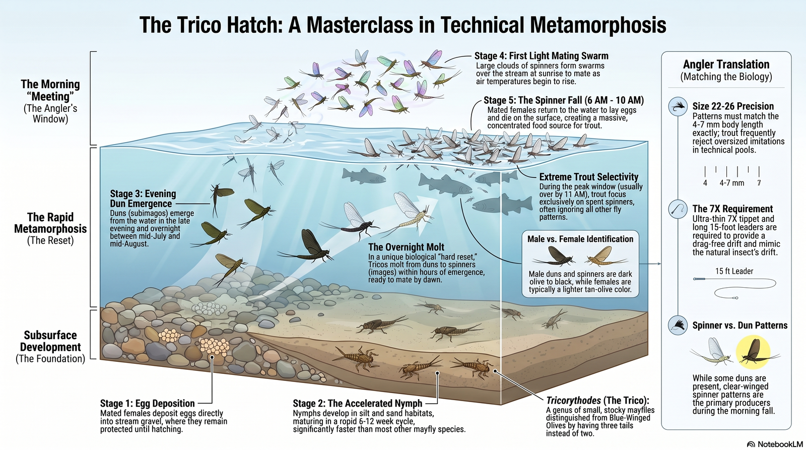 Stage-by-stage Trico mayfly life cycle: egg deposition, accelerated nymph, evening dun emergence, overnight molt, first-light mating swarm, and the spinner fall. Includes angler translation: size 22-26 patterns, 7X tippet, 15-foot leader.